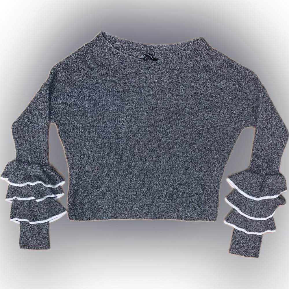 Express Ruffle Bell Sleeve Cropped Drop Shoulder Knit Sweater Top Medium Gray